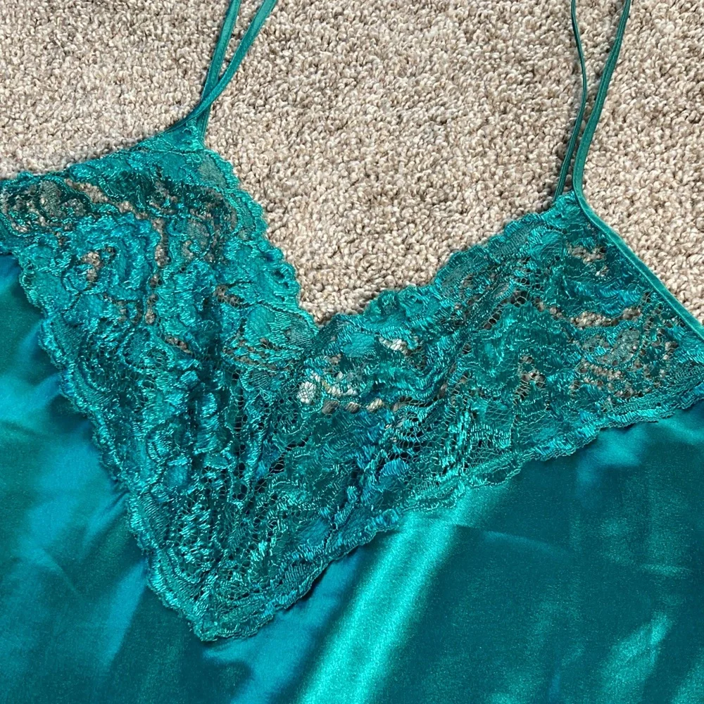 Vintage 90s y2k Alexandra Nicole Green Lace Satin Slip Dress jewel tone sz XXL - Picture 4 of 12